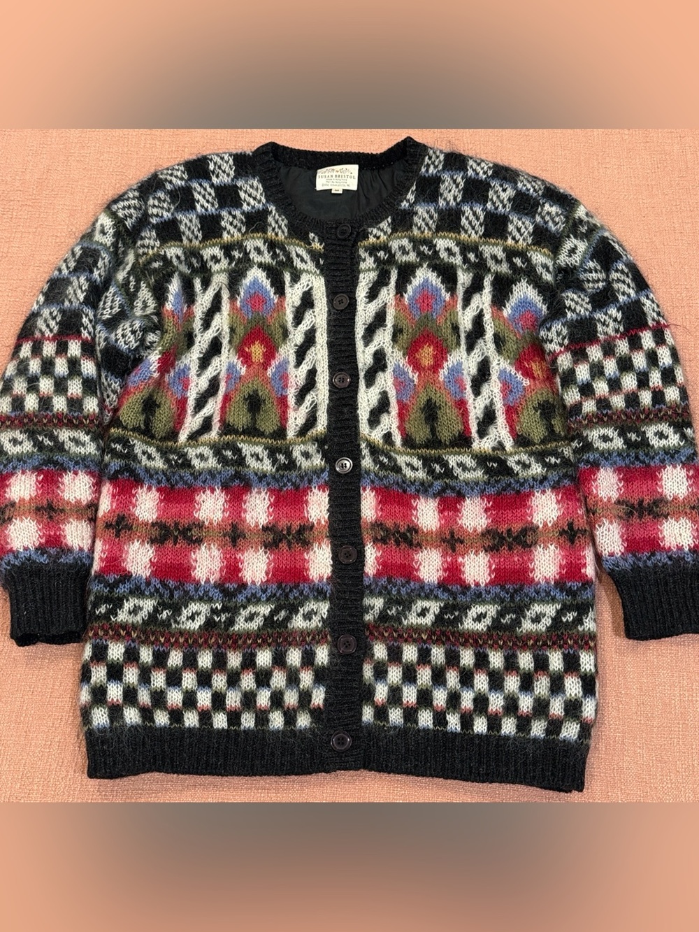Vintage mohair and wool blend 90’s Susan Bristol Geometric Knit Cardigan
